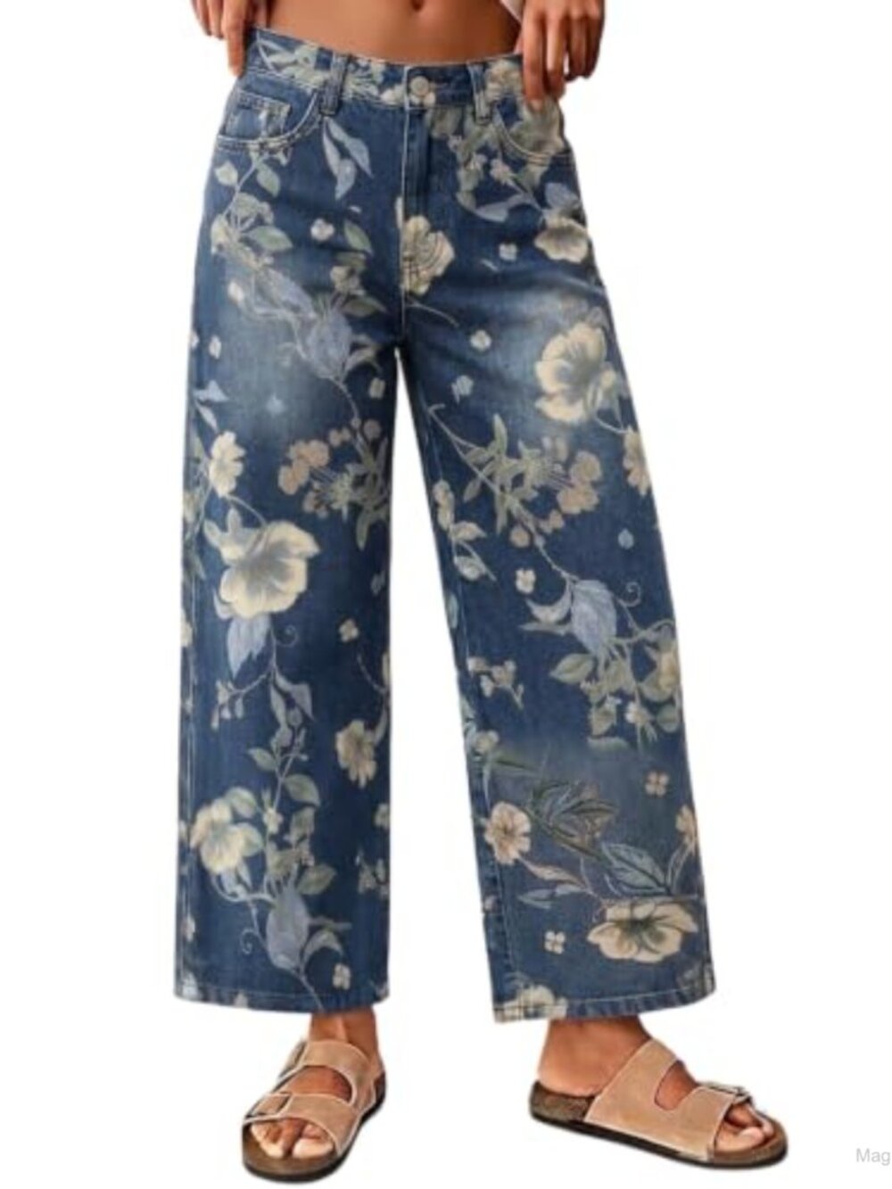 Women's Floral Print Wide Leg Cropped Jeans Mid Rise Baggy Boho Ankle Denim